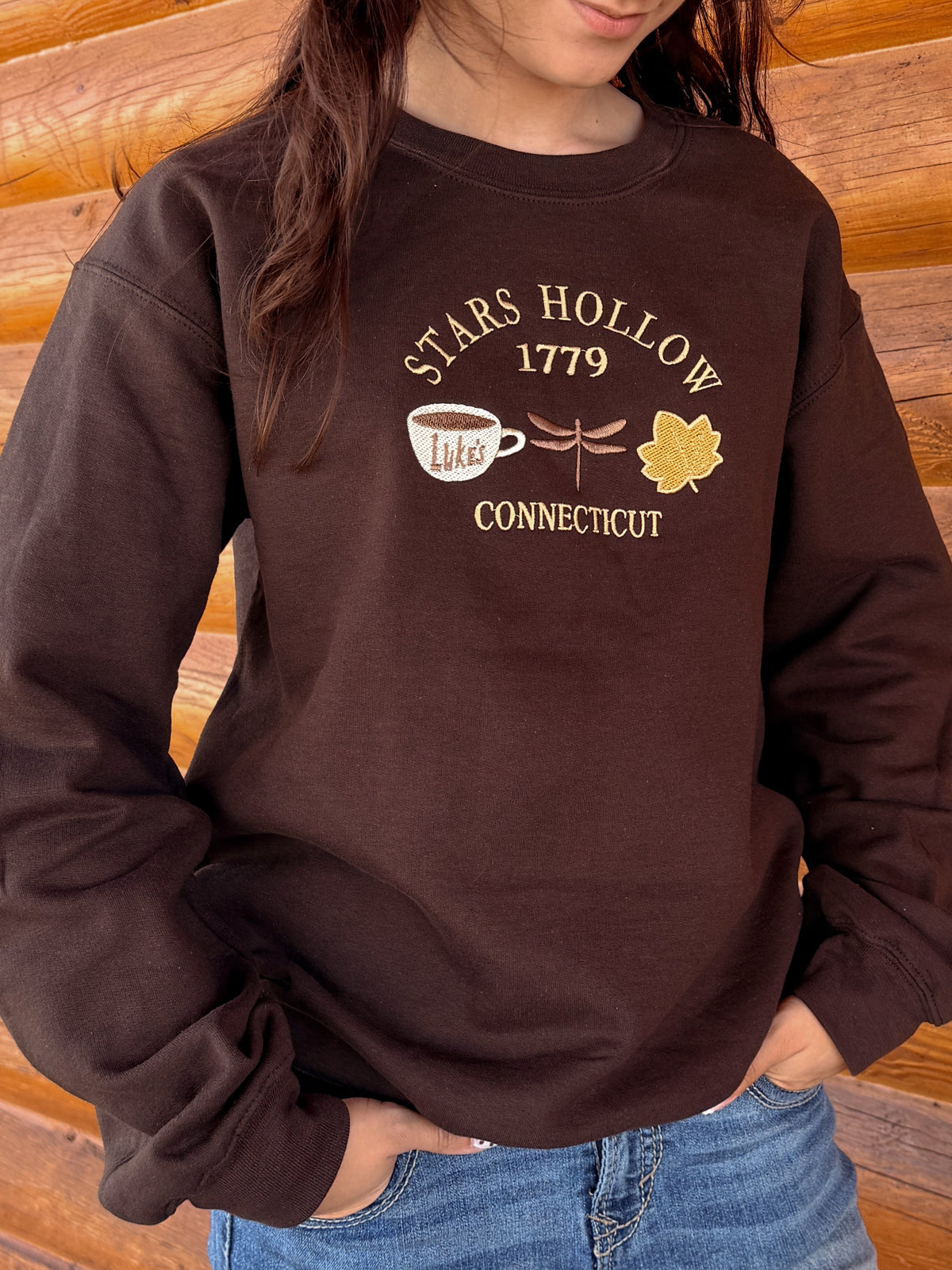Embroidered Stars Hollow Sweatshirt: Brown